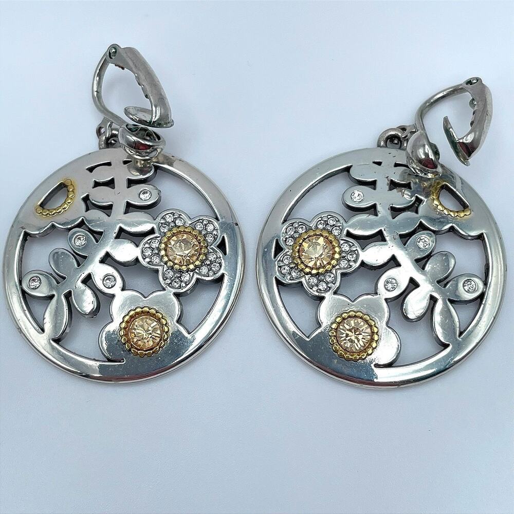 Vintage 90s Silver Tone Floral Dangle Earrings Clear Glass Women's Jewelry Y2K